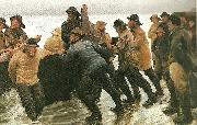 Michael Ancher fiskere ifard med at satte en rorsbad i vandet USA oil painting artist